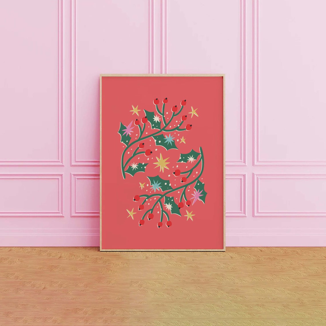Red Holly Branch with Berries Retro Christmas Botanical Poster - Image 3