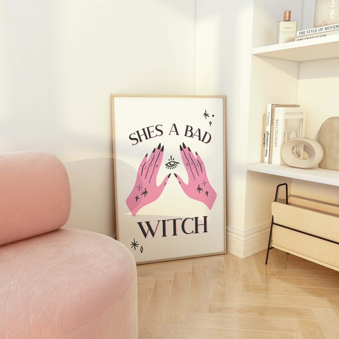 Shes A Bad Witch Hands Evil Eye Pink on White Gothic Wall Art - Image 4