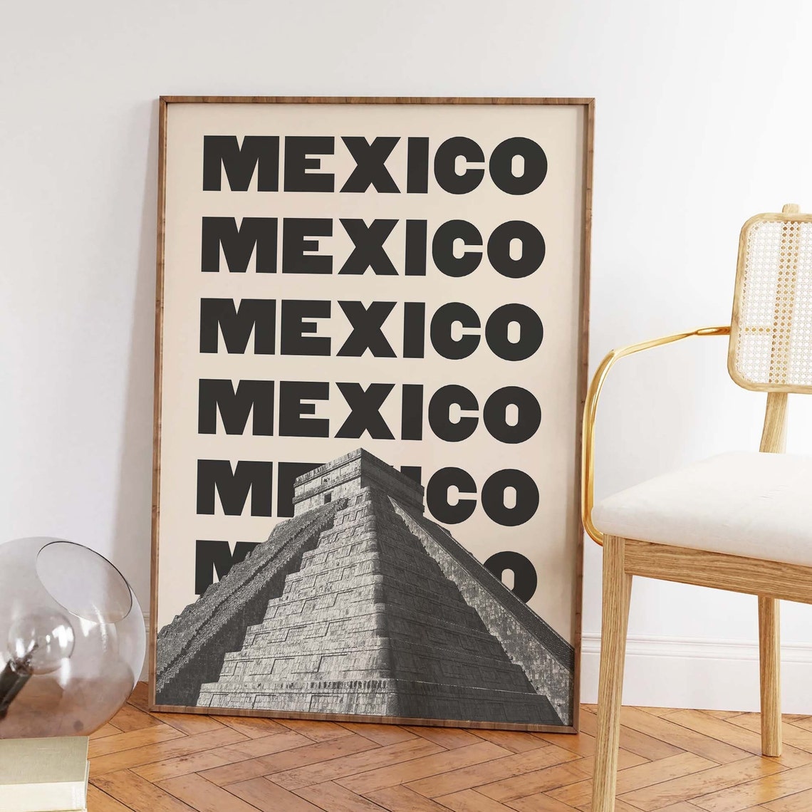 Mexico Repeated Text With Mayan Pyramid Black And White Travel Poster - Image 3
