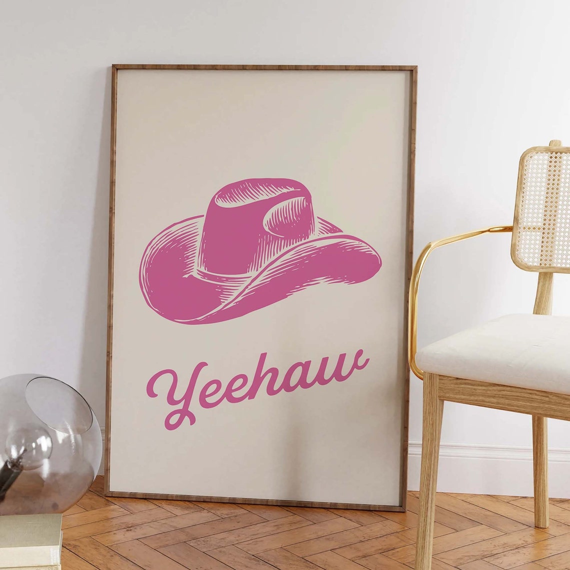 Pink Cowboy Hat Yeehaw Retro Western Script Cream Art Poster - Image 3