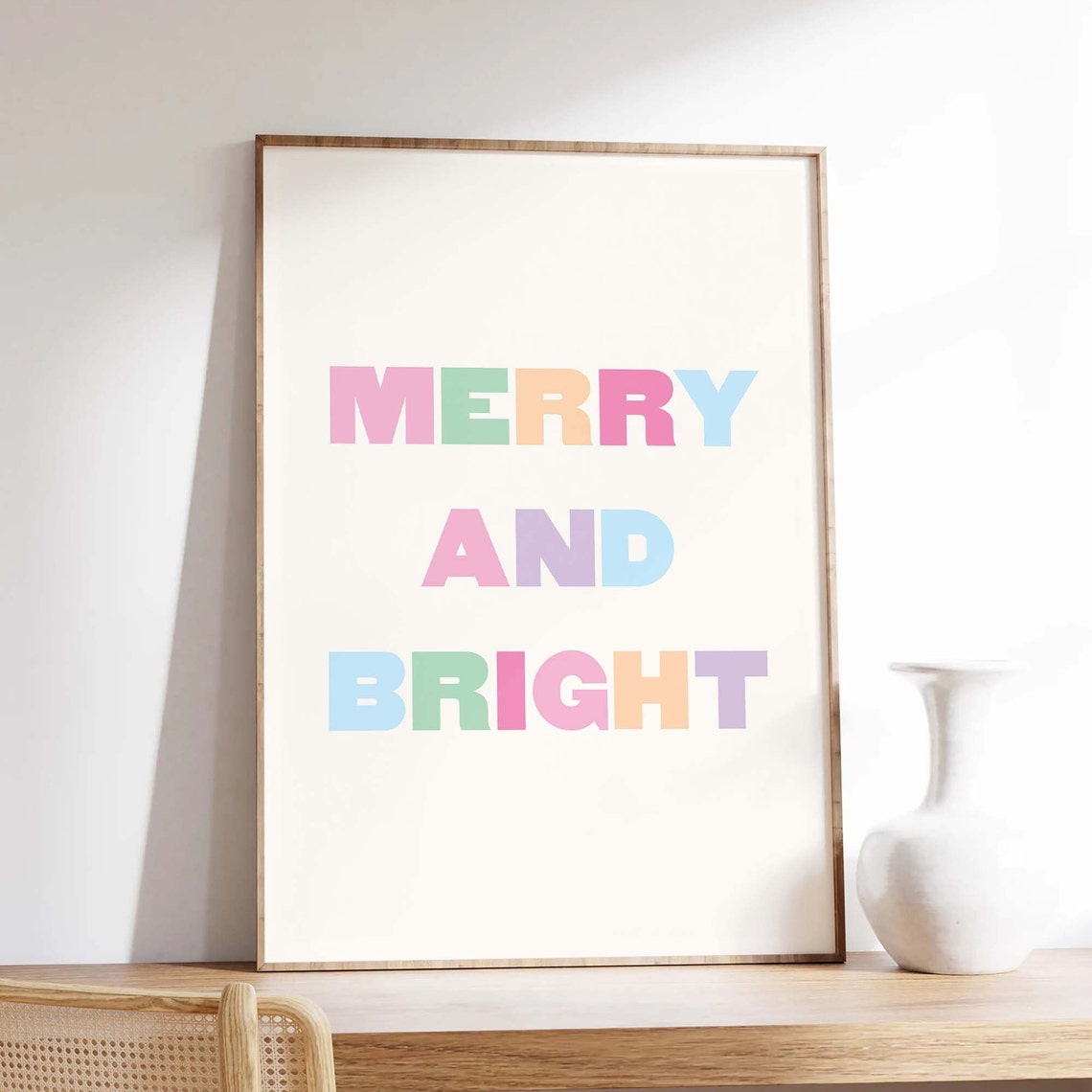 Merry and Bright Christmas Pastel Block Letters Quote Poster - Image 4