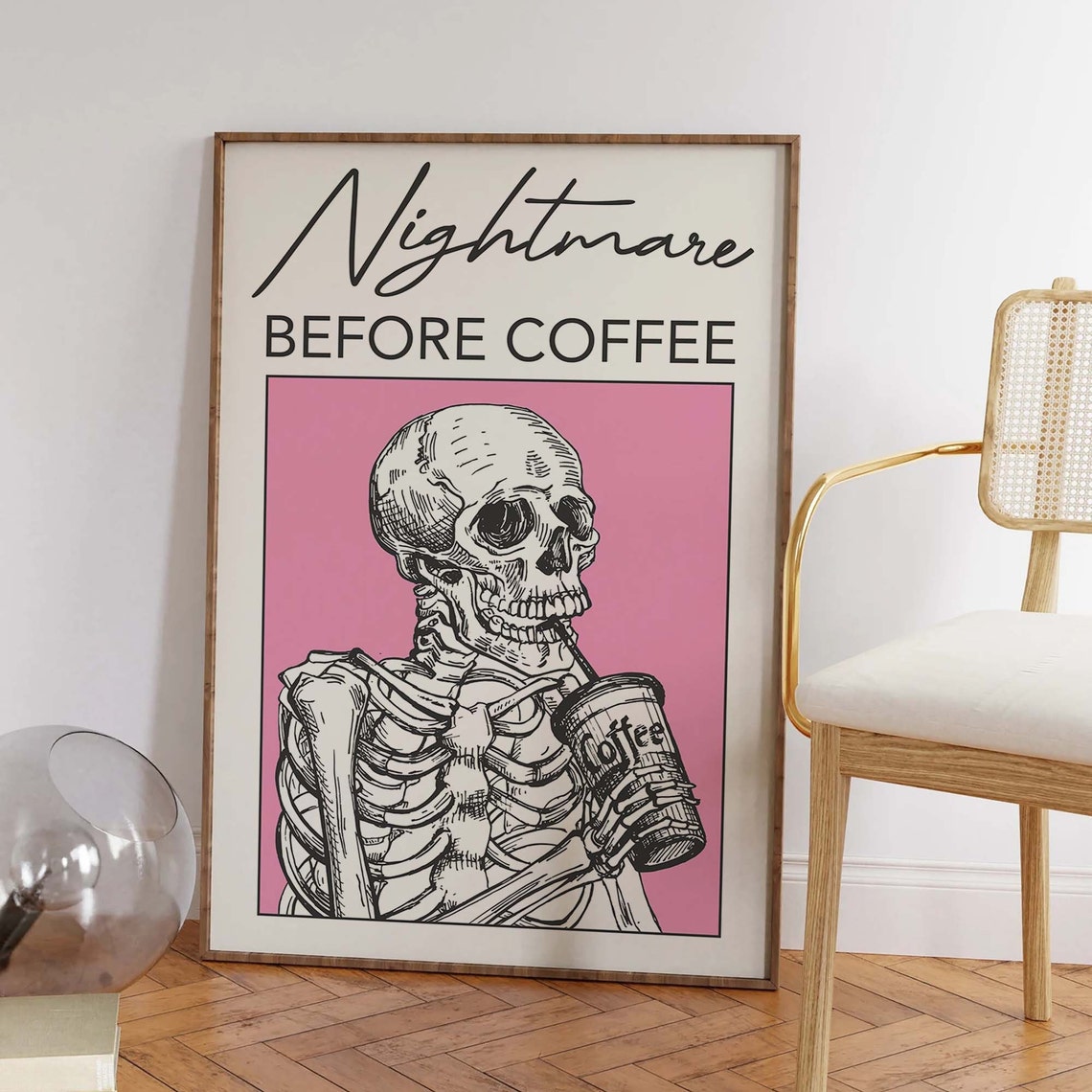 Nightmare Before Coffee Funny Skeleton Pink Halloween Coffee Poster - Image 5