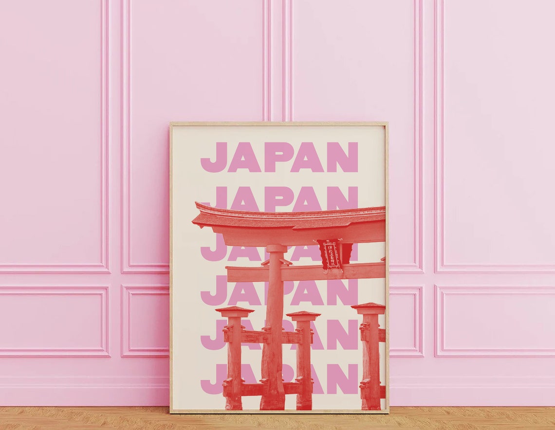 Japan Red Torii Gate Poster with Pink Repeated Typography Travel Art - Image 6