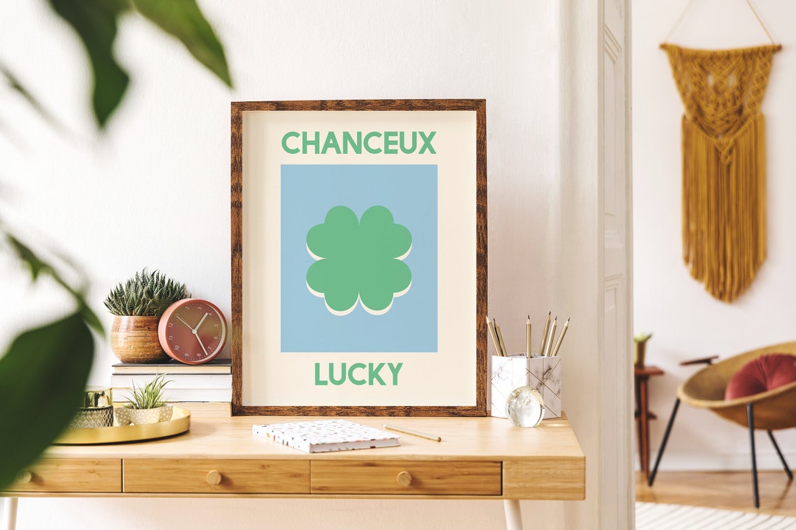 Chanceux Lucky Green Clover Minimalist Blue Modern Art Poster - Image 5