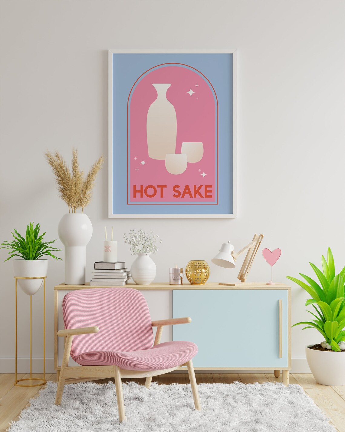 Hot Sake Bottle Cups Retro Japanese Bar Pink Blue Style Poster - Image 5