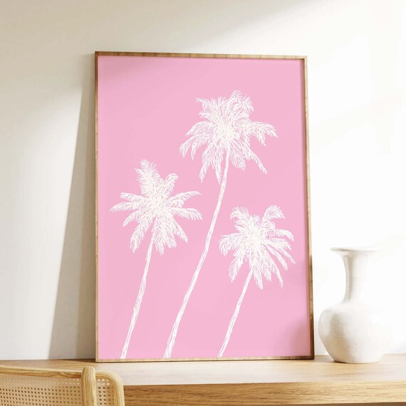 Pink Palm Trees White Line Sketch Tropical Summer Beach Poster