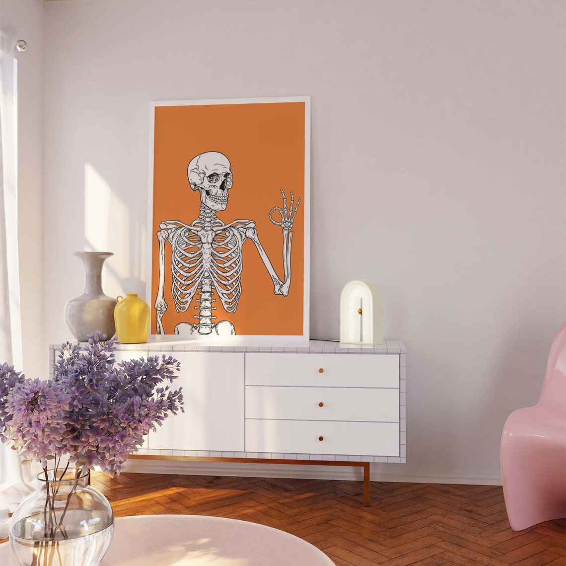 Gothic Skeleton OK Hand Gesture Orange Background Art Poster - Image 5