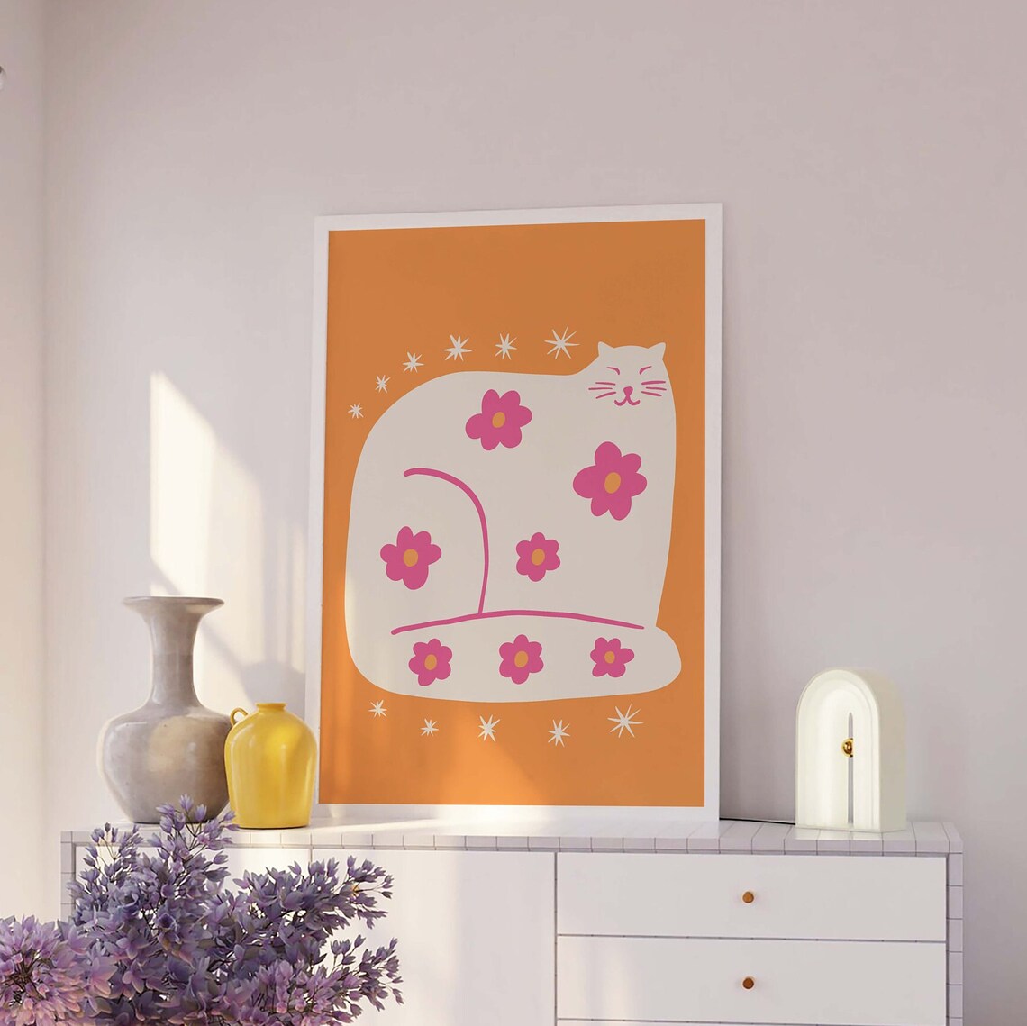 Orange Cat With Pink Flowers Retro Kitty Illustration Wall Print - Image 3