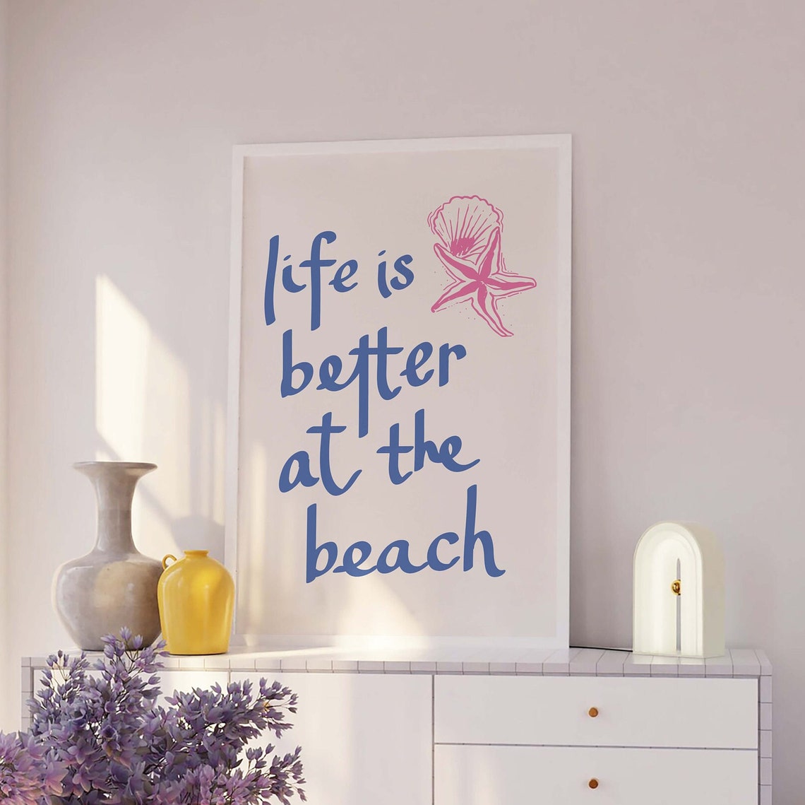 Life Is Better At The Beach Quote Blue Pink Shell Star Poster - Image 4