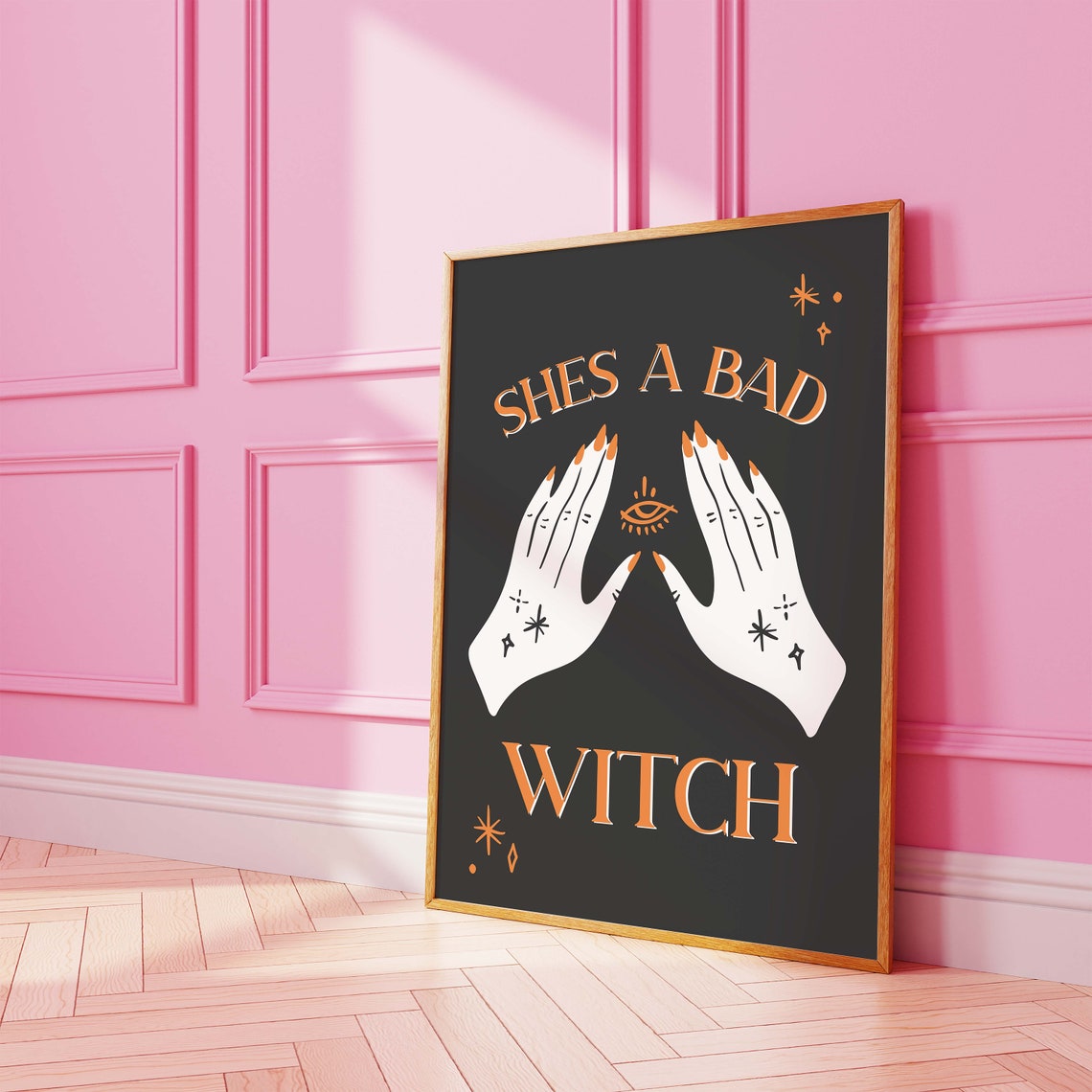 Shes A Bad Witch Hands Evil Eye Orange on Black Gothic Wall Art - Image 4