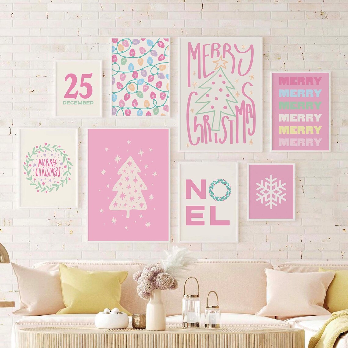 Pastel Pink Christmas Gallery Wall Set 8 Holiday Poster Collection - Image 4