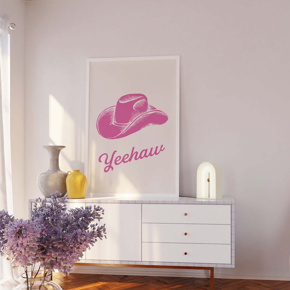 Pink Cowboy Hat Yeehaw Retro Western Script Cream Art Poster - Image 2