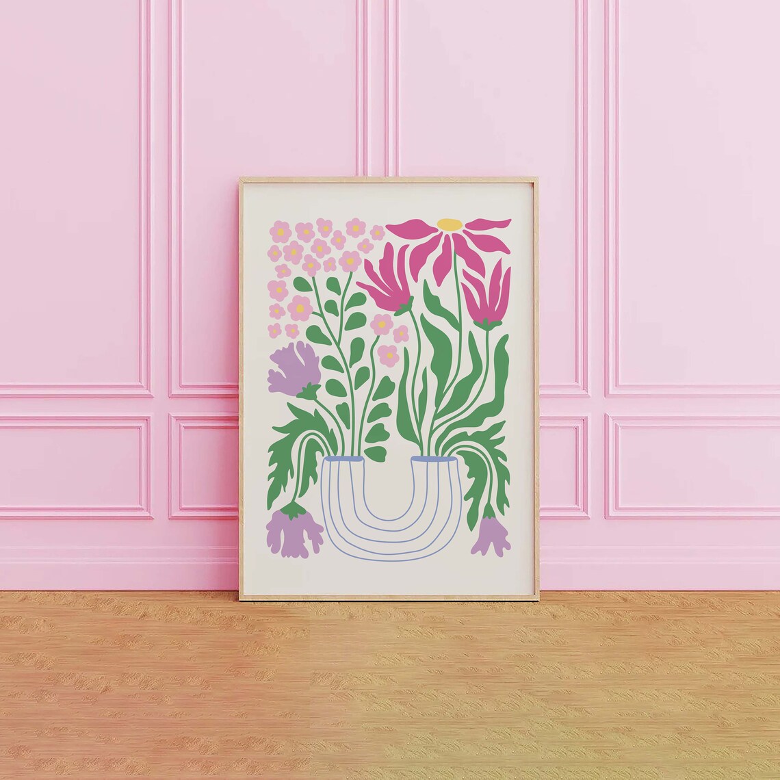 Pink Flowers Striped Vase Abstract Botanical Modern Floral Poster - Image 3