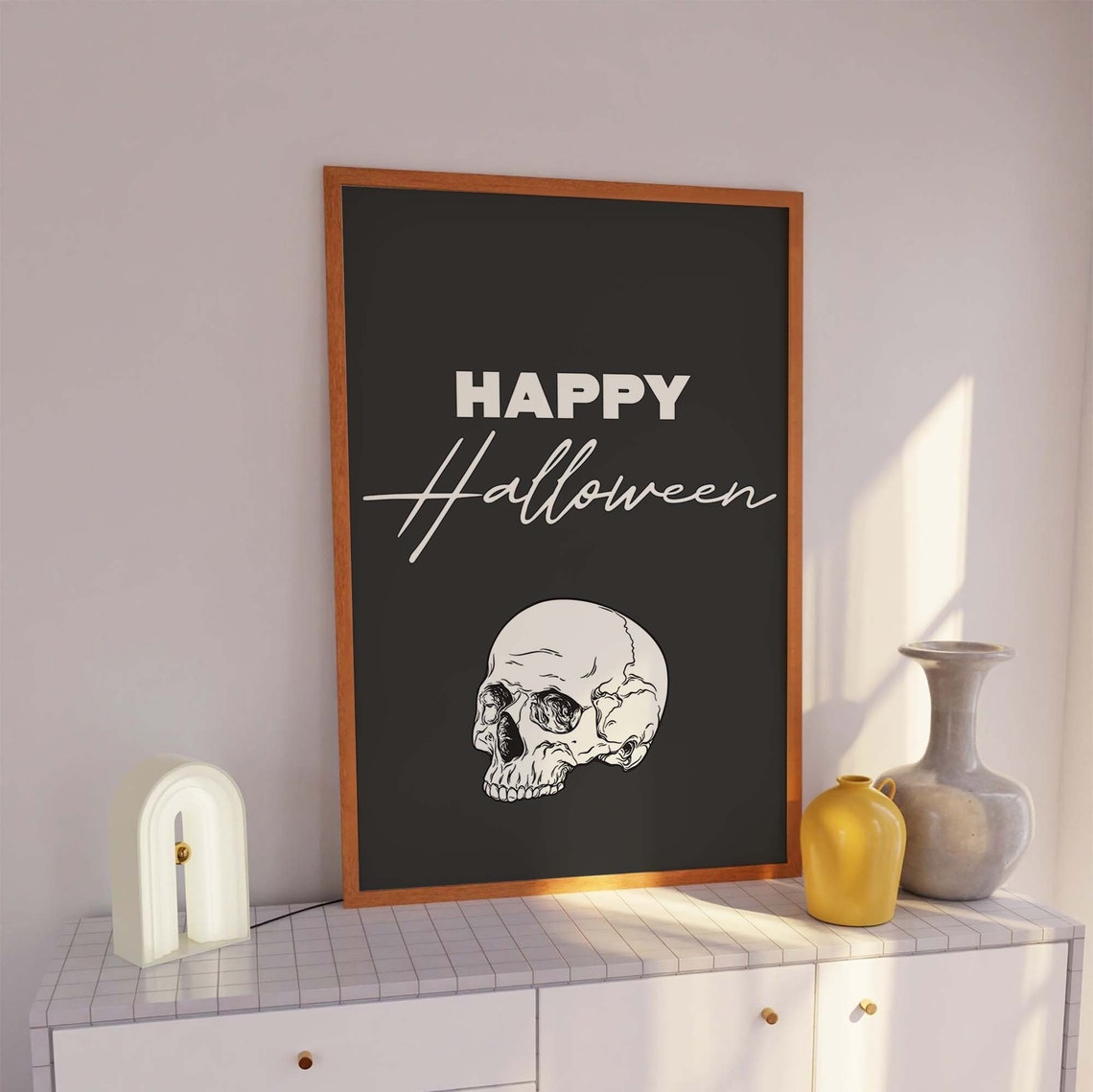 Happy Halloween Skull Script Lettering Black Gothic Wall Art - Image 3