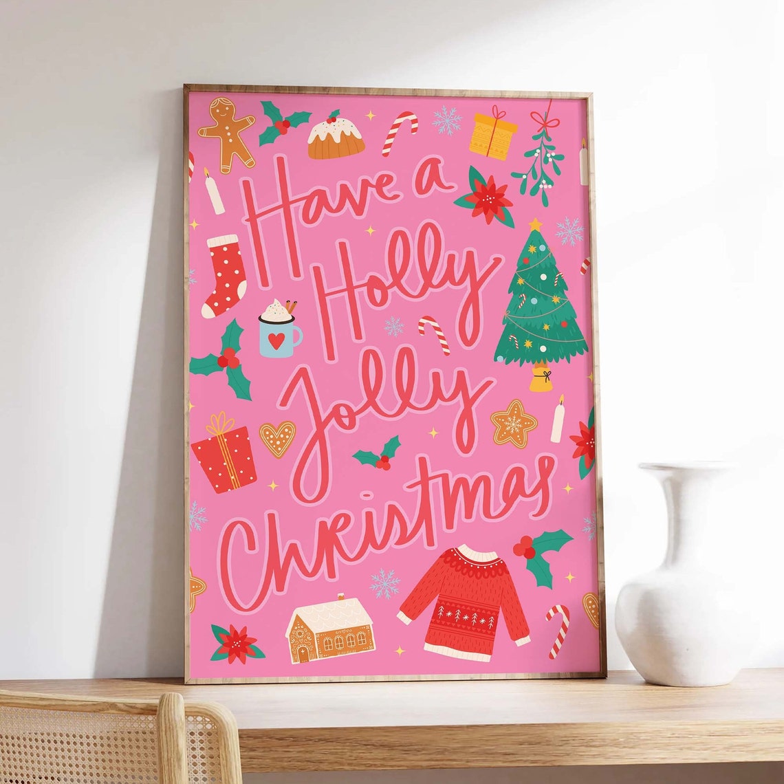 Pink Christmas Print Art Colorful Christmas Decor Cute Holiday Illustrations Wall Art - Image 4