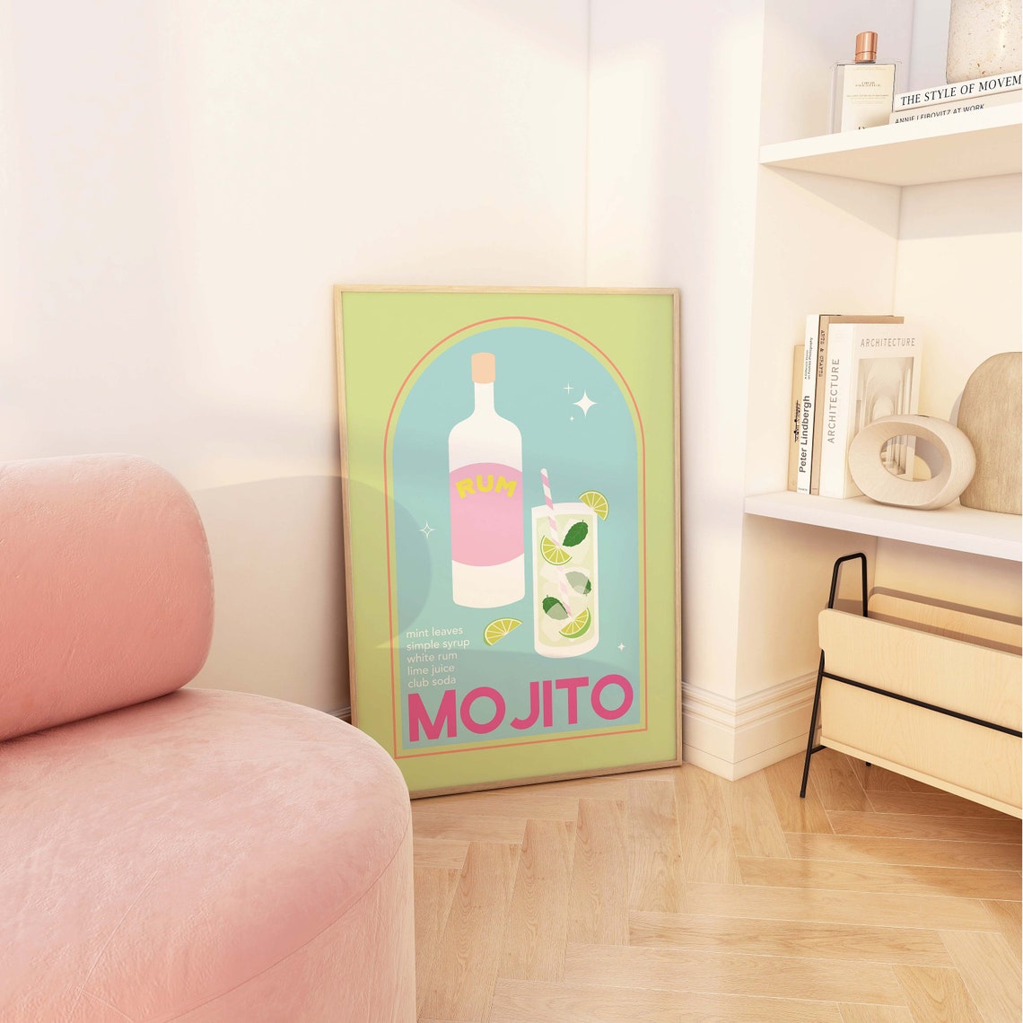 Mojito Cocktail Recipe Poster with White Rum Bottle and Lime Art - Image 4