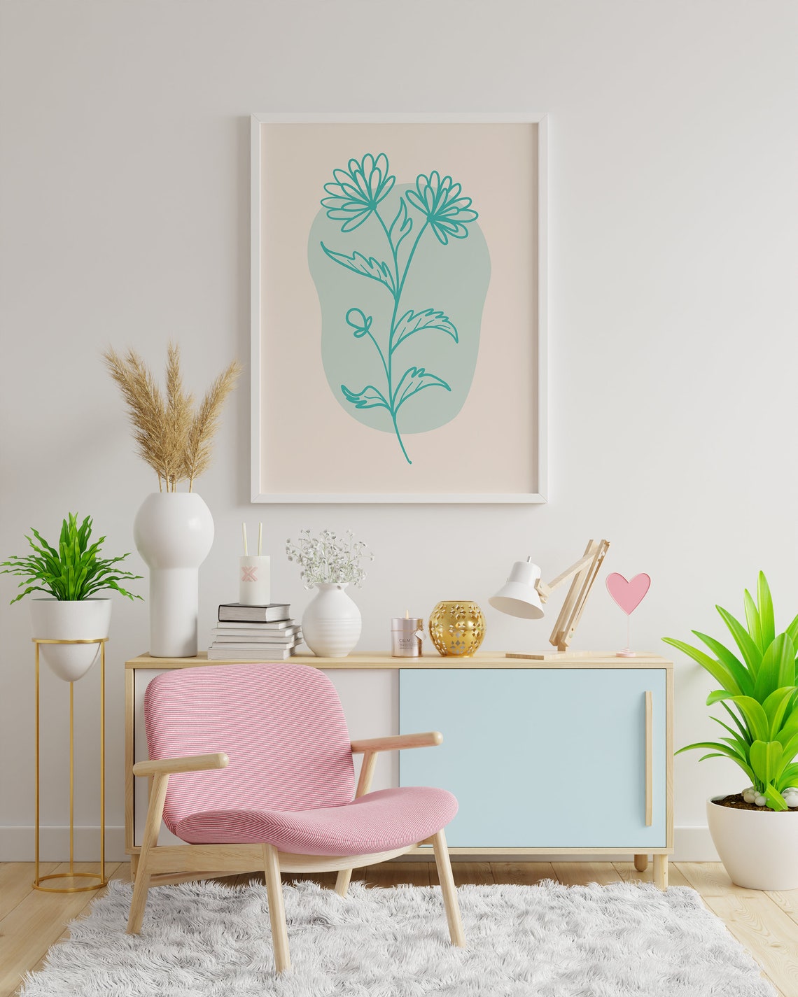 Teal Minimal Line Botanical Print Art Colorful Floral Art Cute Trendy Wall Art - Image 3