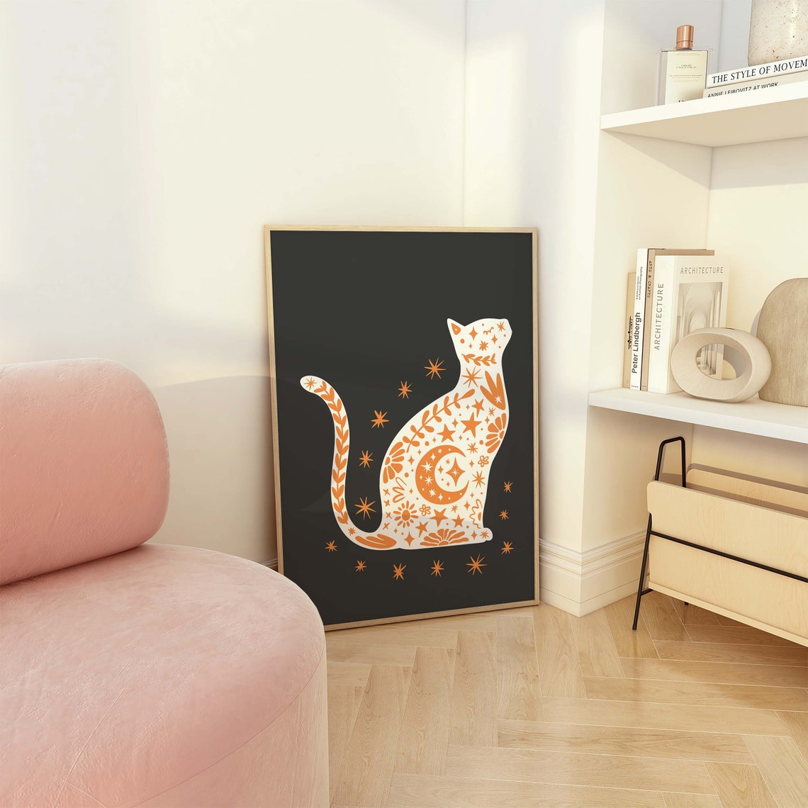 White Orange Celestial Cat Black Background Fall Halloween Poster - Image 4