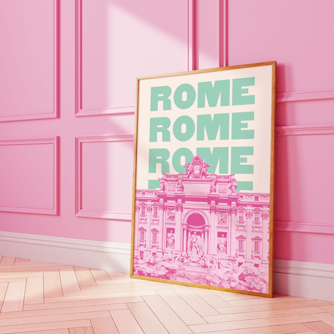 Rome Trevi Fountain Poster with Pink Fountain and Mint Typography - Image 2