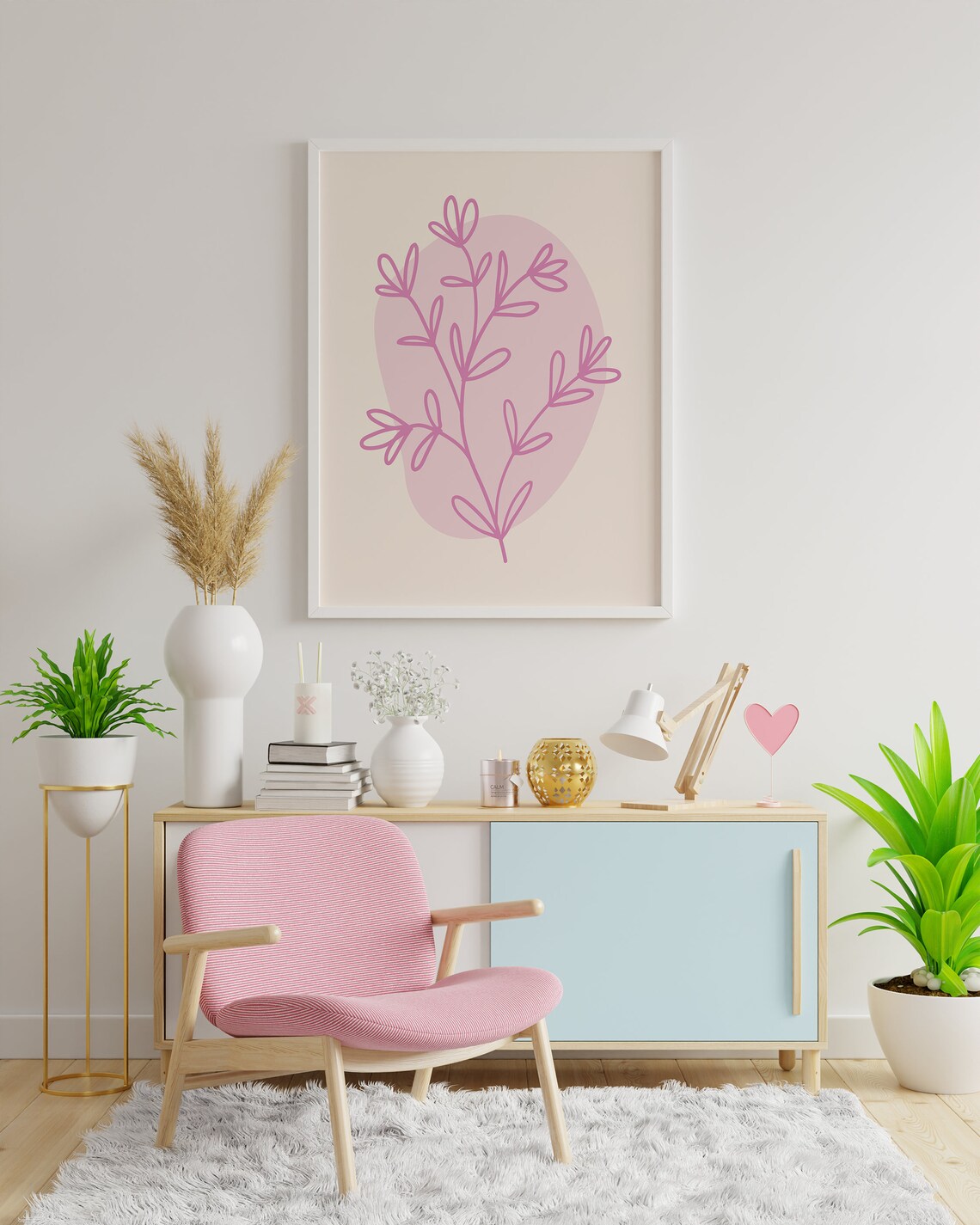 Pink Leafy Branch Line Art Poster with Blush Organic Shape Detail - Image 4