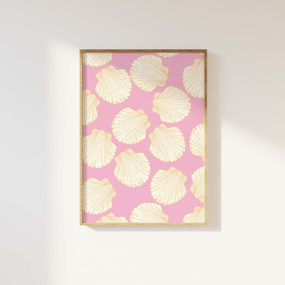 Pink Scallop Shell Pattern Coastal Art Poster for Girly Beach Decor
