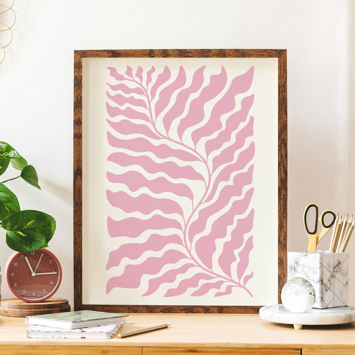 Pink Wavy Fern Botanical Abstract Paper Cut Out Art Wall Poster - Image 3