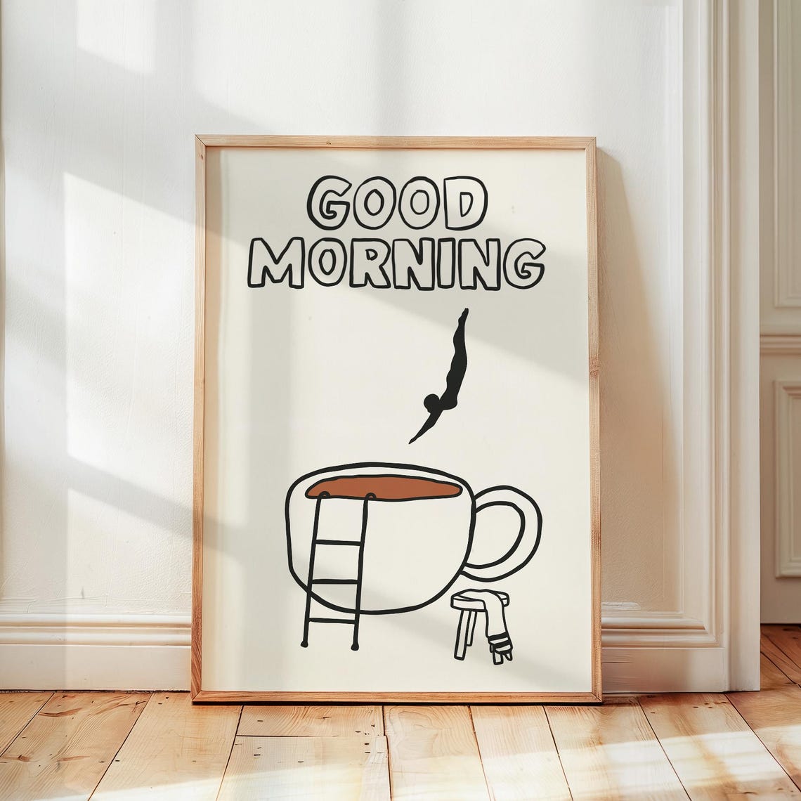 Good Morning Coffee Cup Diver Quirky Playful Kitchen Wall Art