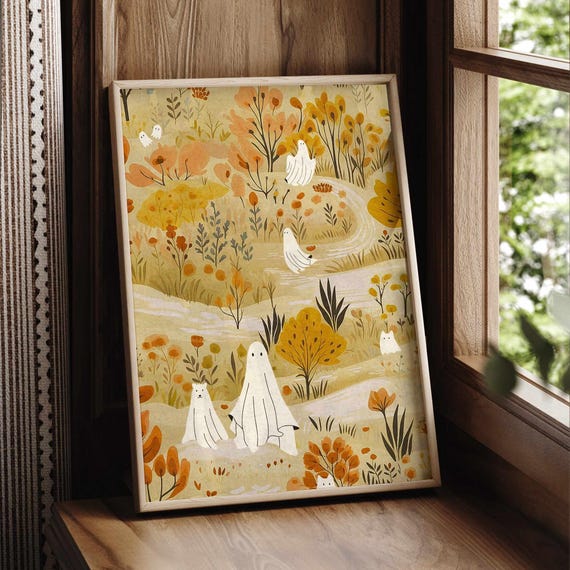 Autumn Gathering Cute Print Whimsical Fall Wall Art Cozy Halloween Home Decor Illustration For Spooky Season