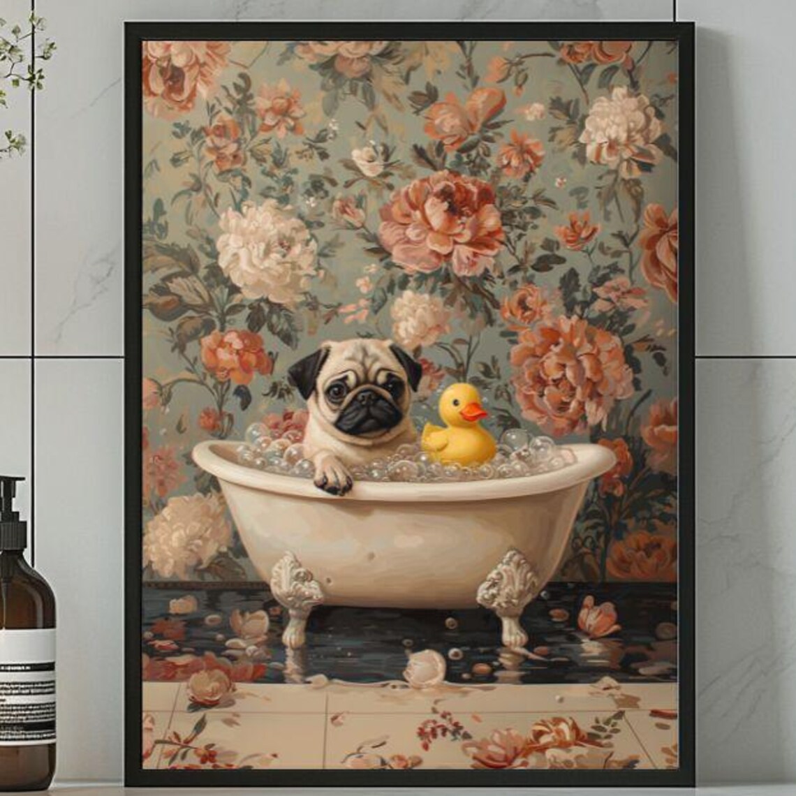 Pug In Bubble Bath With Rubber Duck Poster Print