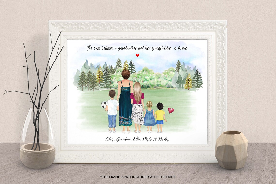 Personalized Grandmother and Grandchildren Meadow Family Art Print