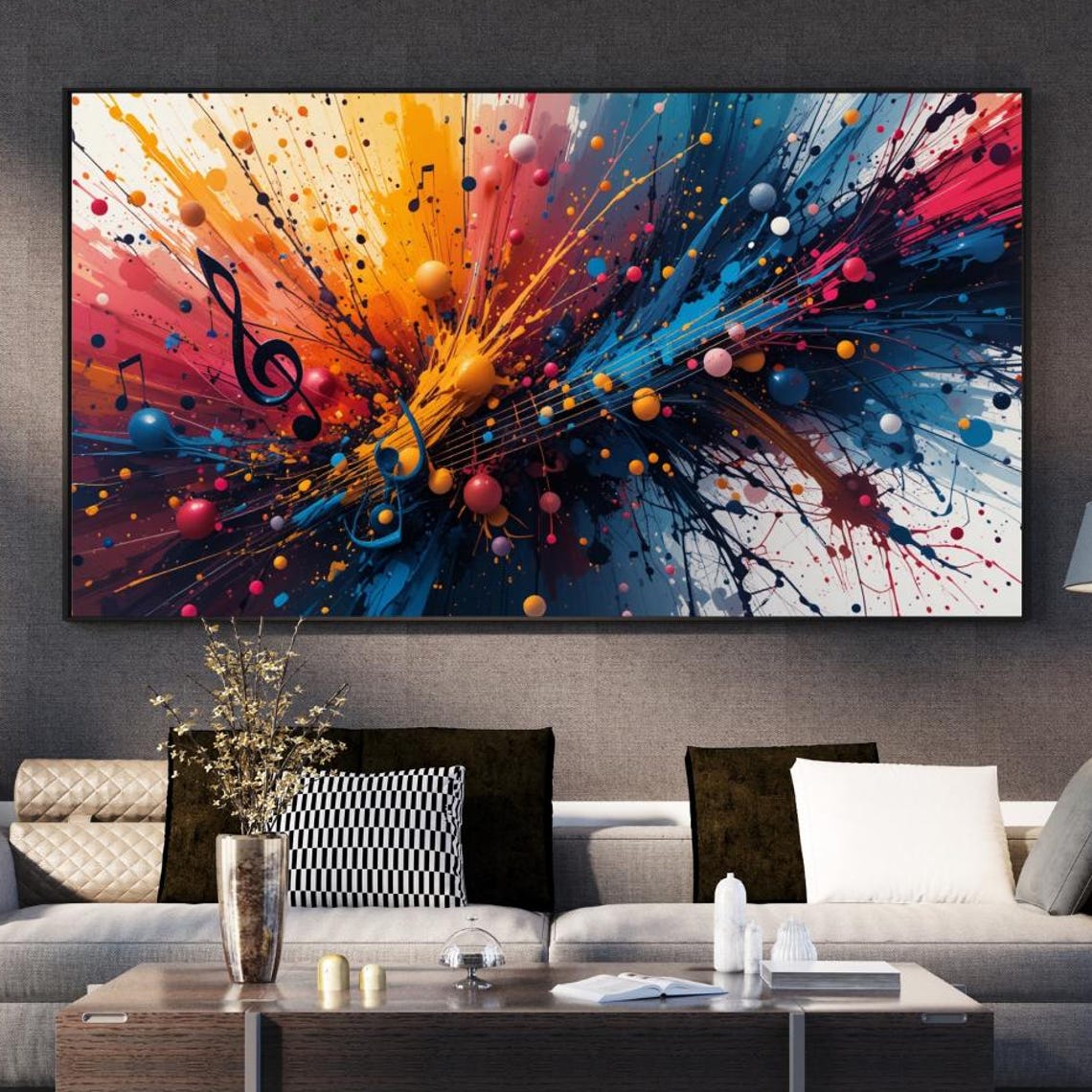 Dramatic Paint Splatter Explosion with Music Notes Wide Art Poster