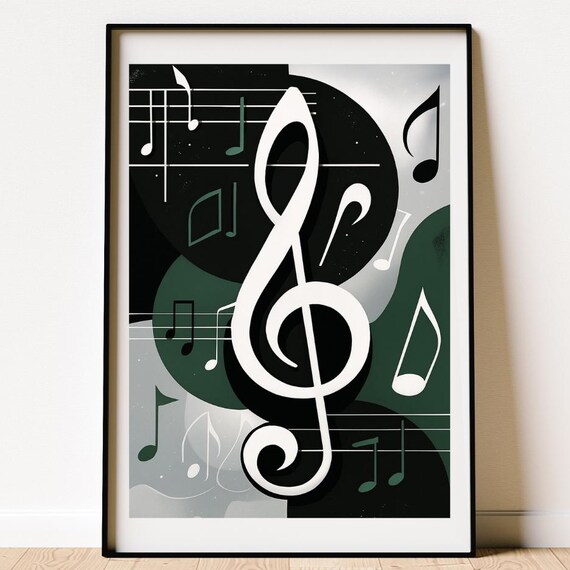 Bold Green 3D Treble Clef Poster with Floating Notes on Black Disc