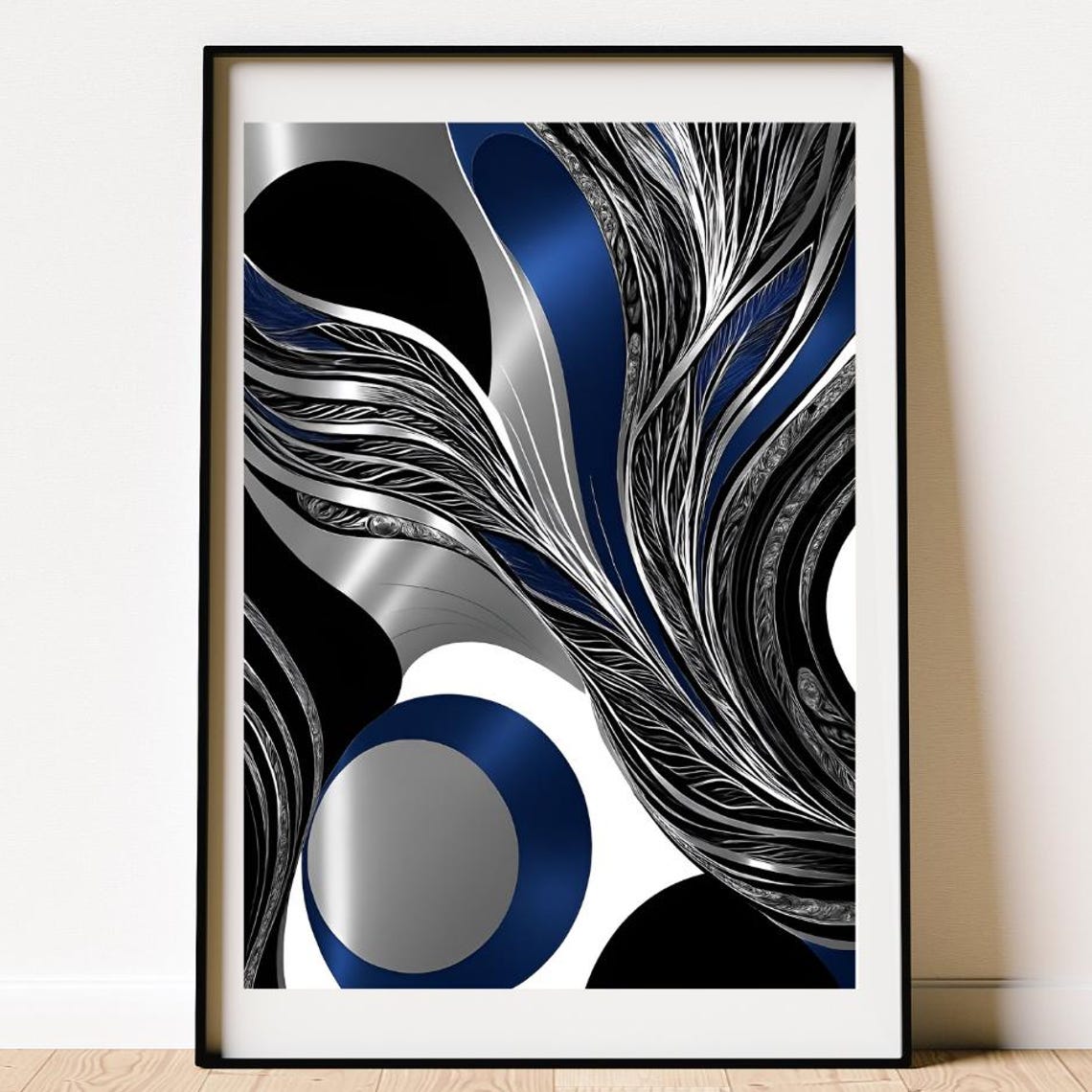 Navy Blue Silver Feather Swirl Modern Abstract Poster Metallic Circles