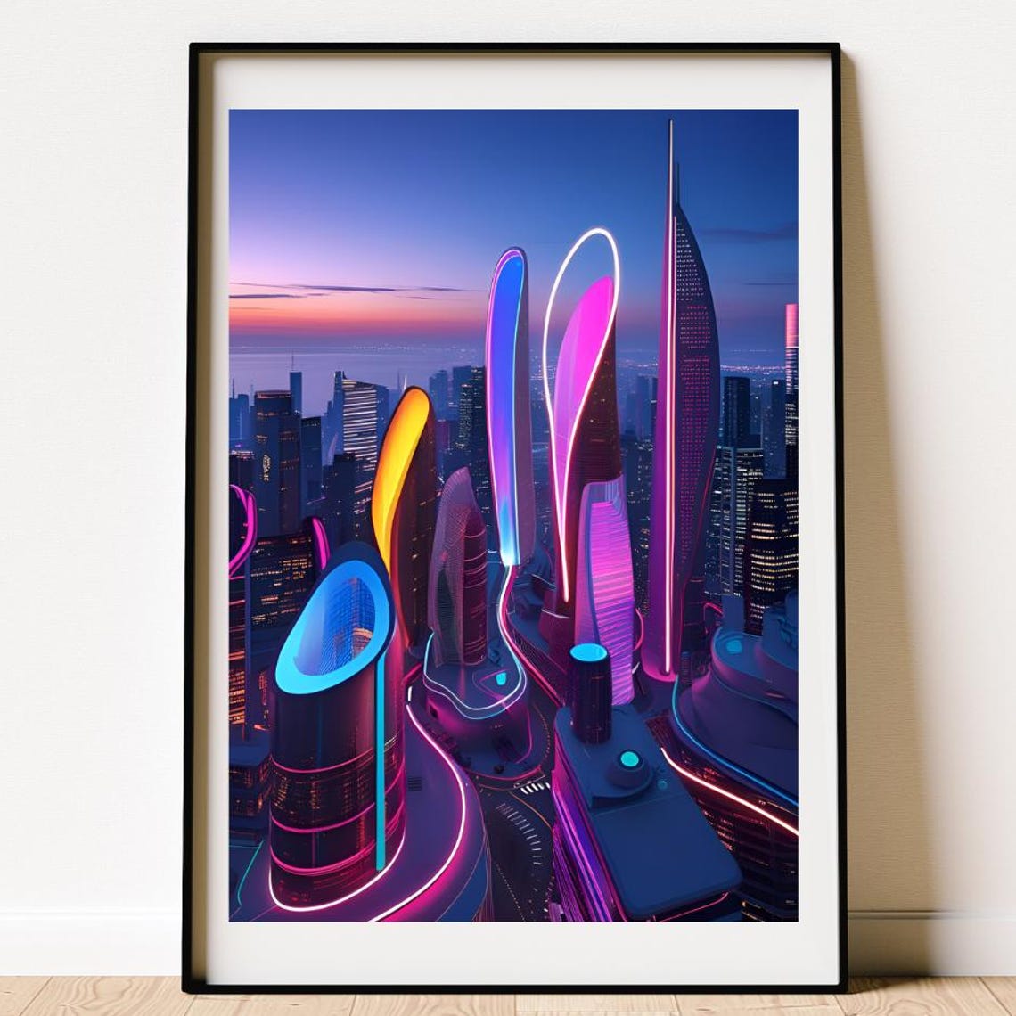 Futuristic Neon City Poster Glowing Towers Sunset Skyline Artwork