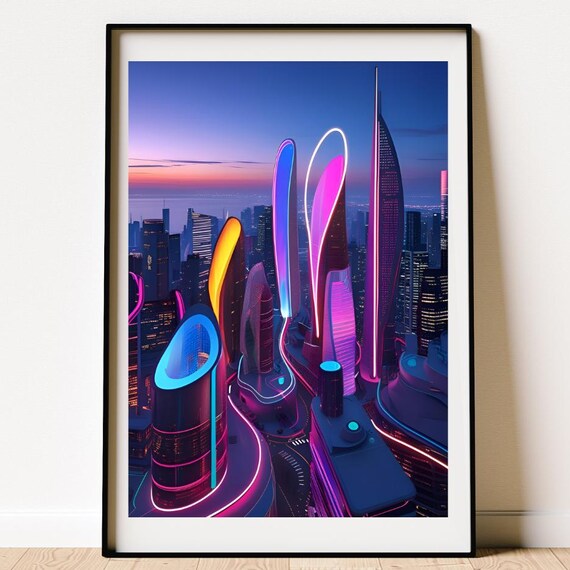 Modern Abstract City Poster Midcentury Wall Art Bold Geometric Shapes And Colour Skyscrapers Artwork Futuristic Buildings Decor