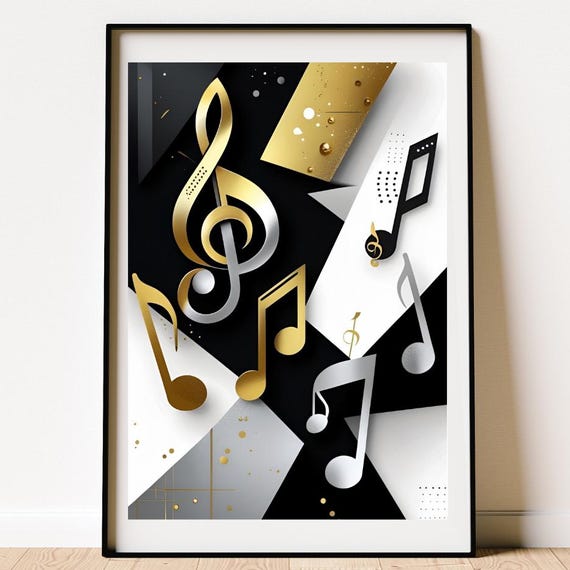 Modern Abstract Music Notes Poster Midcentury Wall Art Bold Geometric Shapes And Musical Symbols Gold Silver Artwork Jazzinspired Decor
