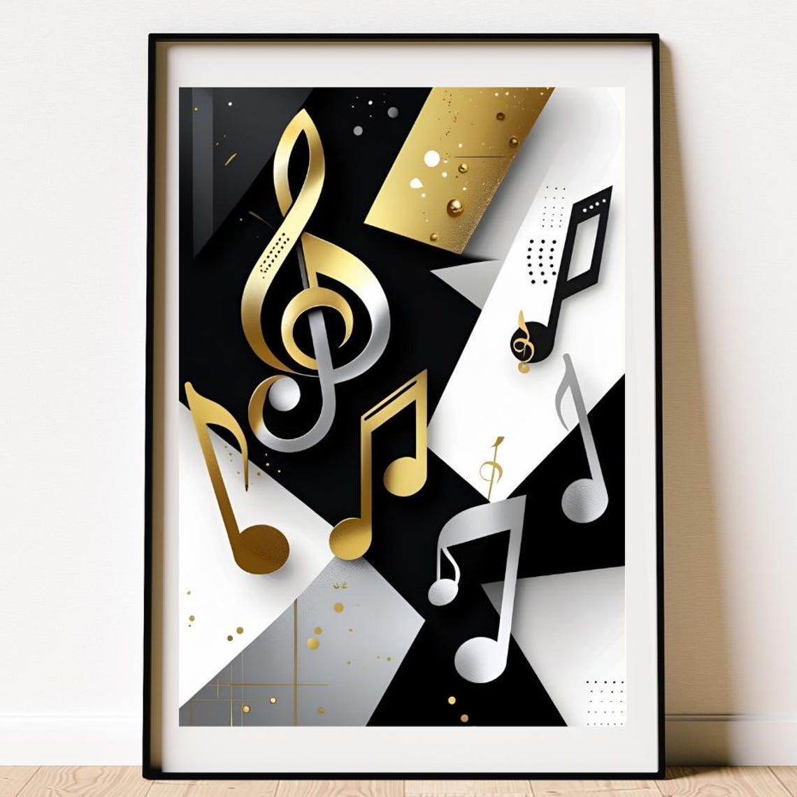 Gold Silver Treble Clef Poster with Diagonal 3D Music Notes Collage