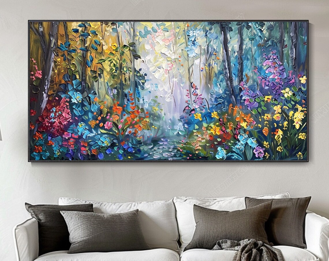 Colorful Forest Flower Oil Painting, Boho Art Print