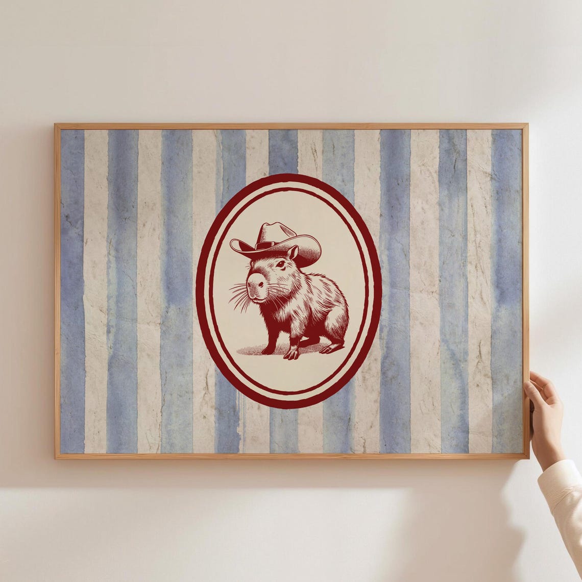 Vintage Striped Capybara Print Western Bedroom Nursery Wall Art Rustic Mid Century Modern Decor Retro