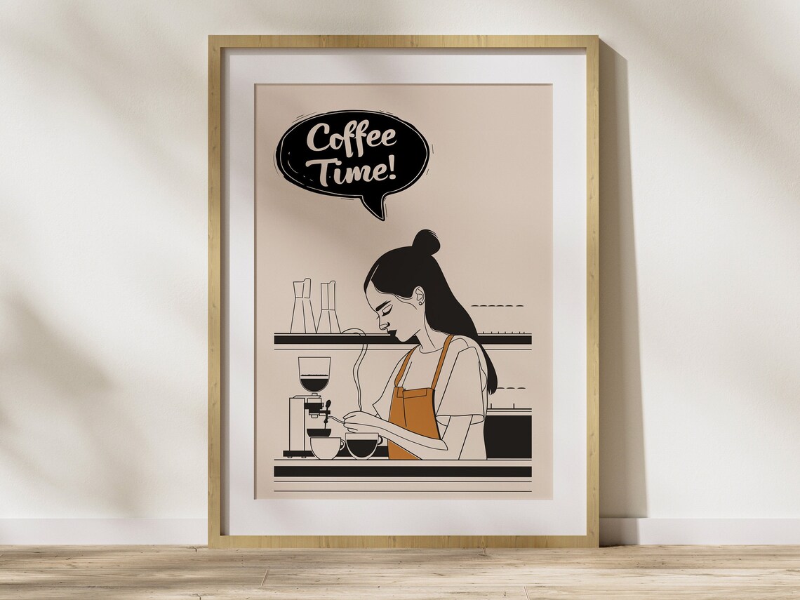 Coffee Time Female Barista Brewing Espresso Minimalist Line Art Poster - Image 4