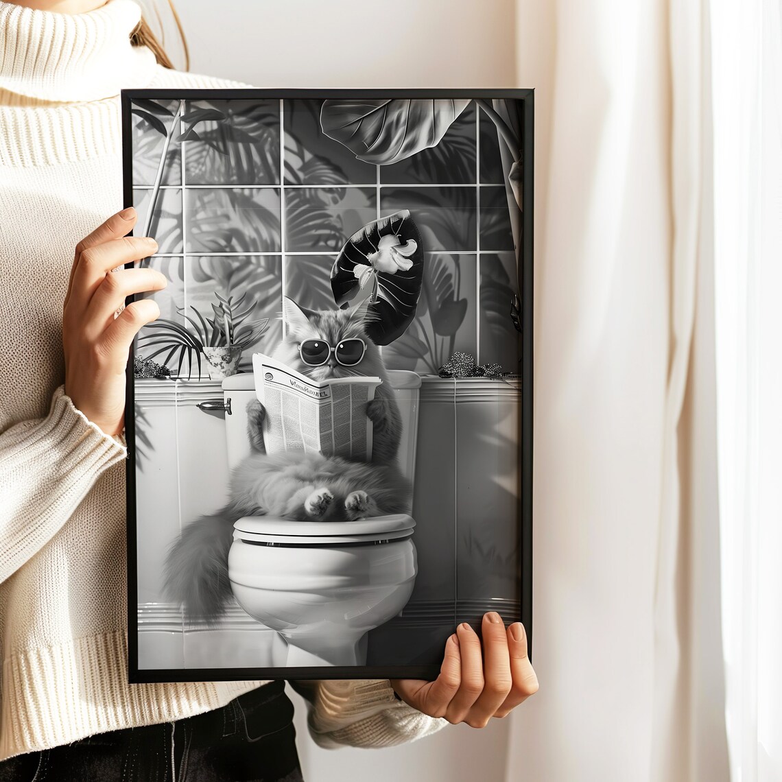 Sunglasses Cat Reading Newspaper Toilet Monochrome Humor Poster - Image 4
