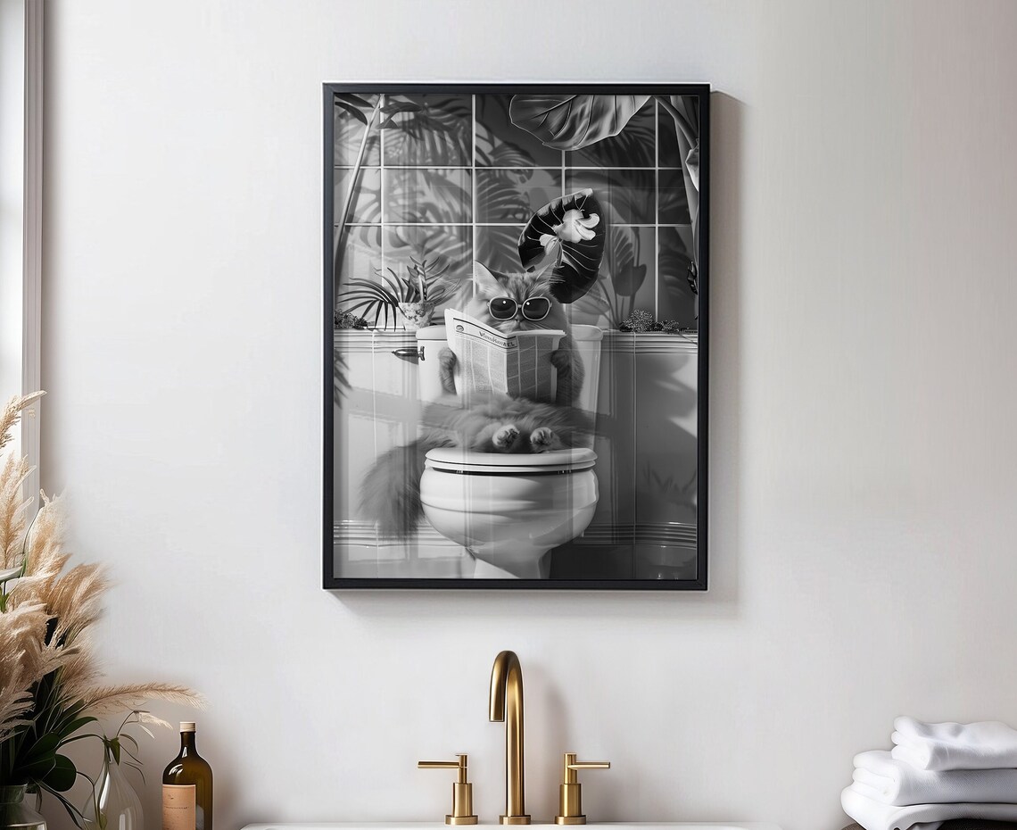 Sunglasses Cat Reading Newspaper Toilet Monochrome Humor Poster - Image 2