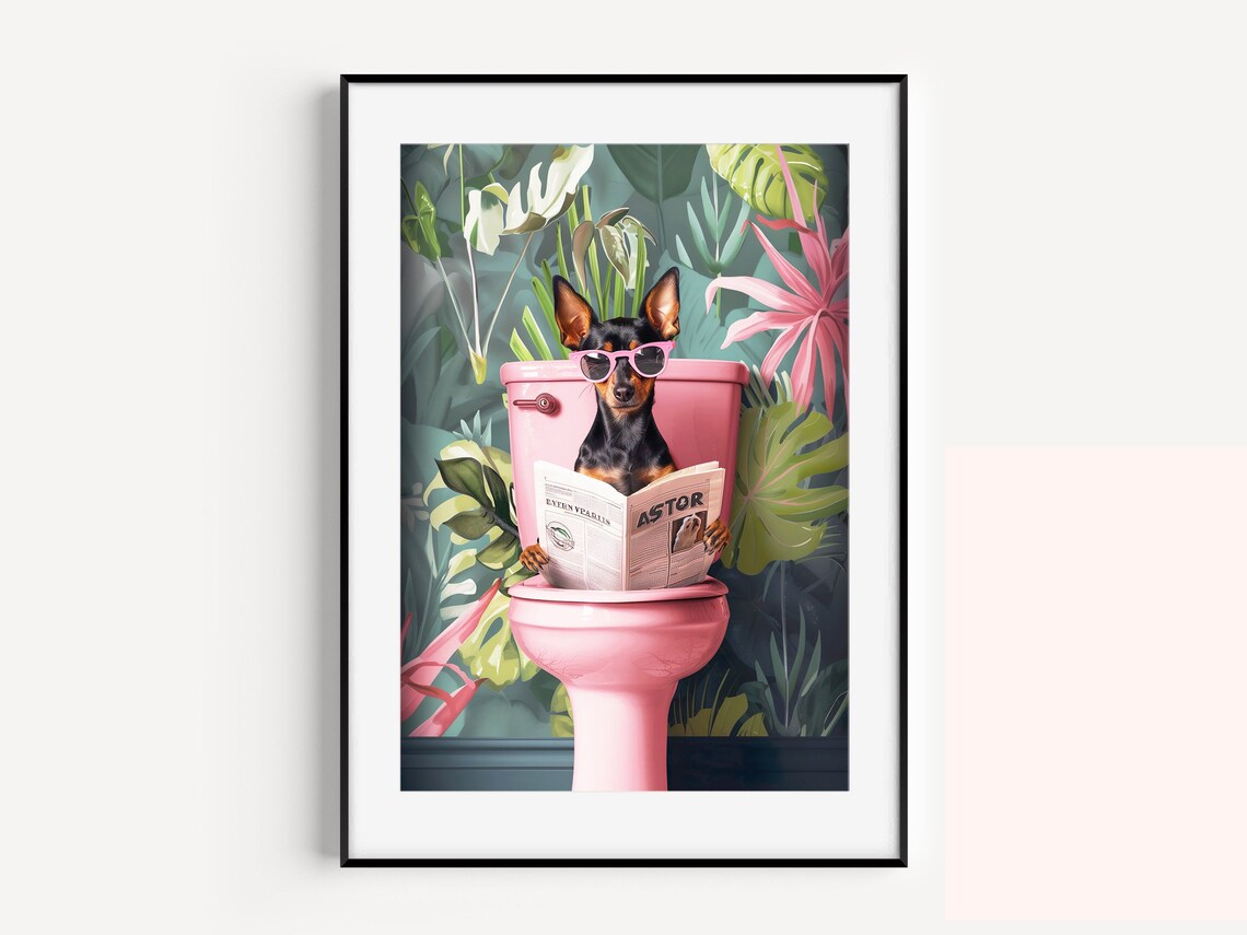 Miniature Pinscher Reading On Toilet Funny Bathroom Art Print - Image 2