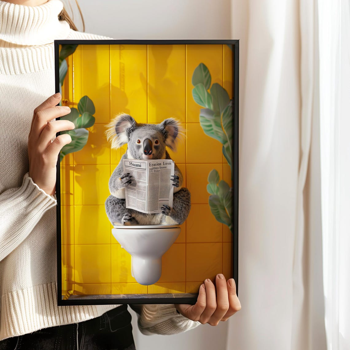 Koala Reading Newspaper On Toilet Yellow Tile Bathroom Poster - Image 2