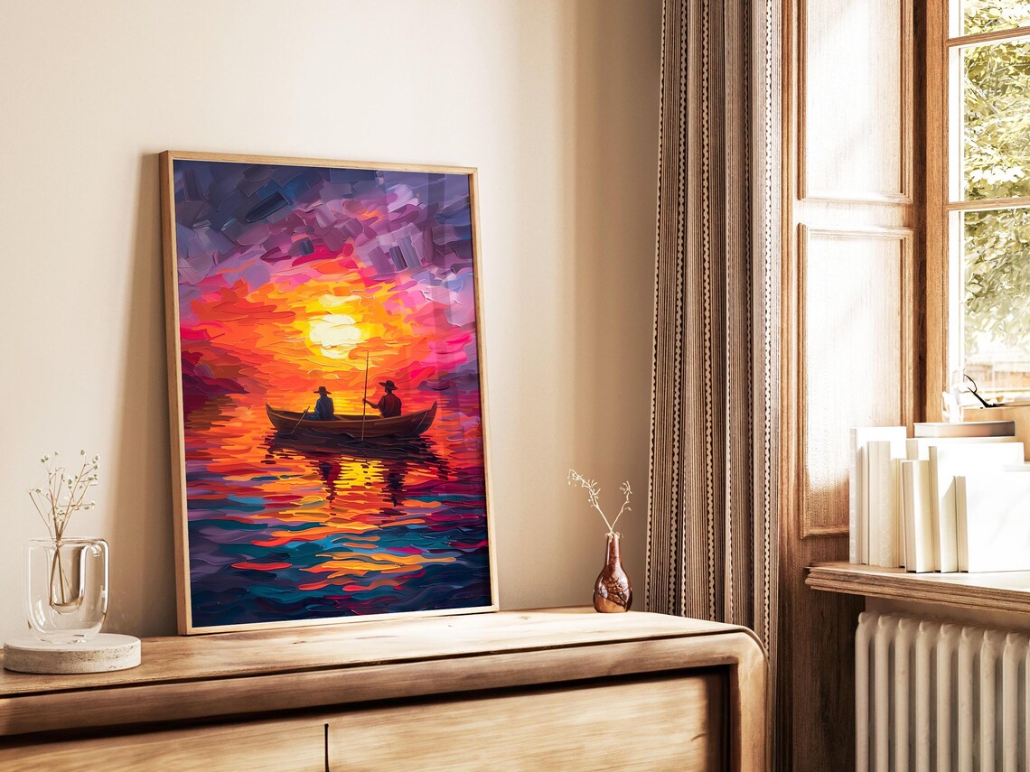 Two Fishermen In A Canoe At Sunset On A Fiery Impasto Ocean Poster - Image 5