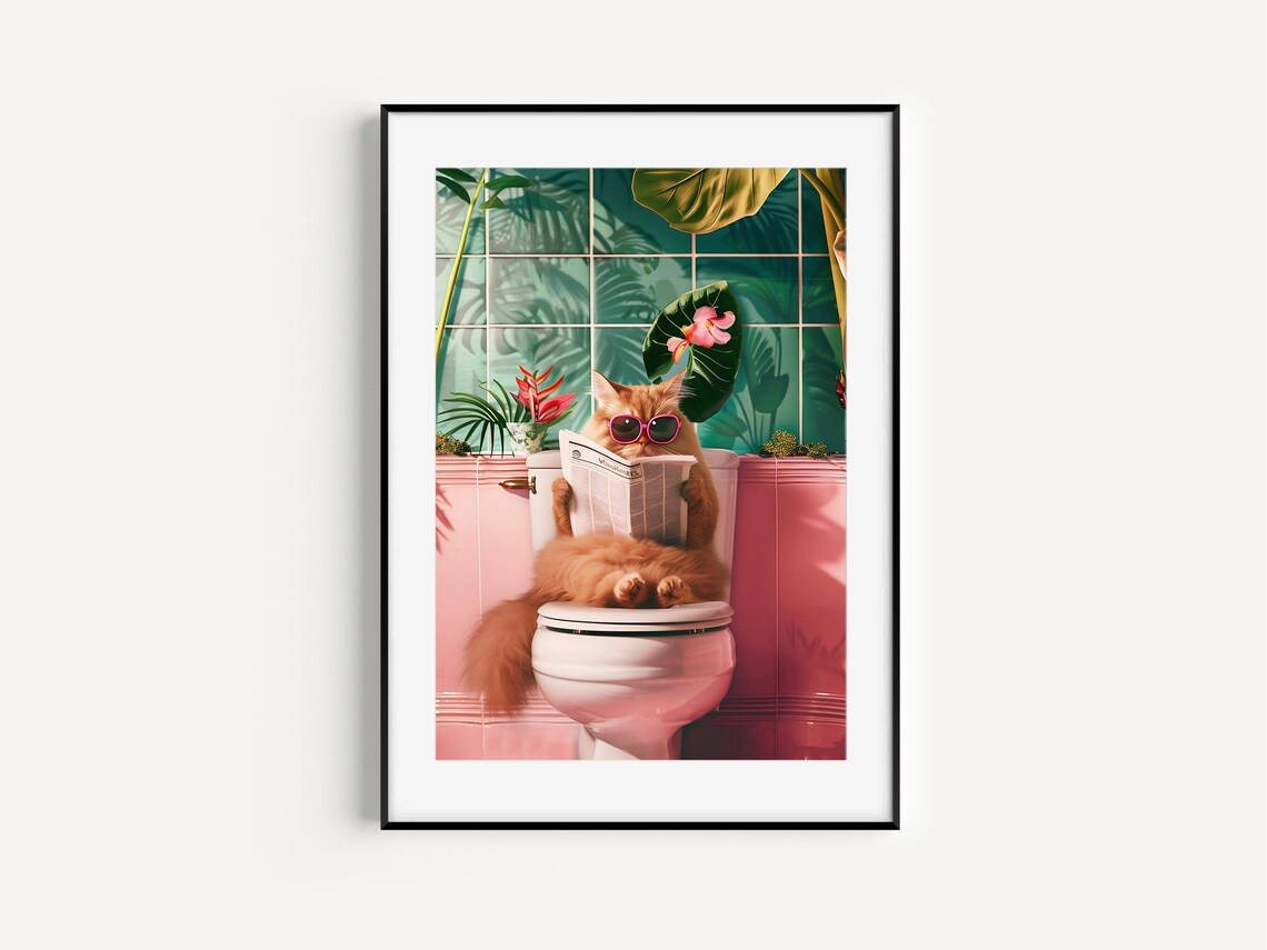 Funny Cat Toilet Print, Trendy Bathroom Wall Art - Image 2