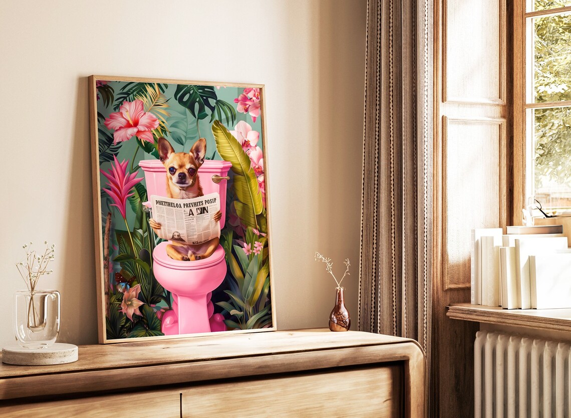 Golden Chihuahua Reading on Toilet Funny Dog Art Print - Image 2