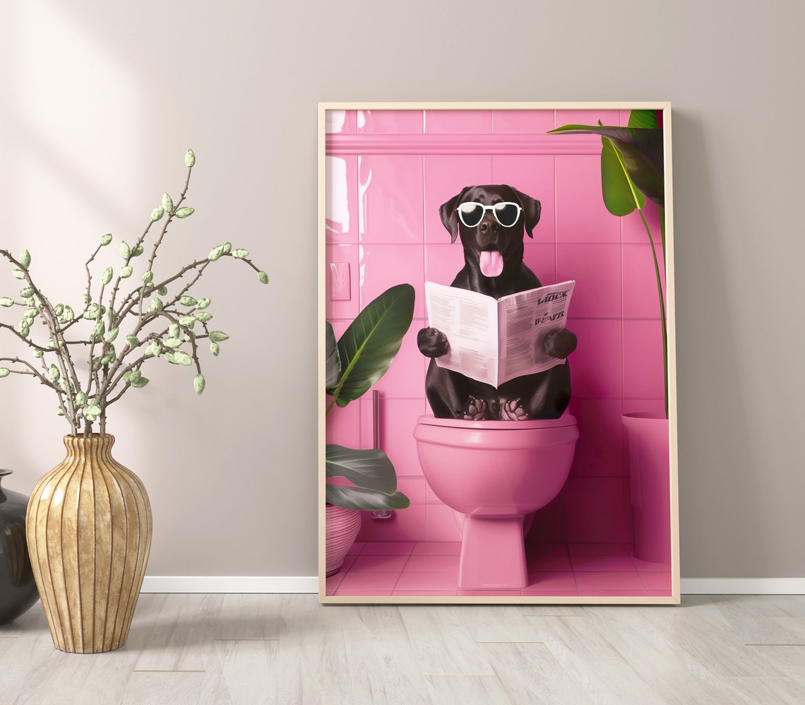 Black Labrador Reading Newspaper Pink Bathroom Funny Dog Poster - Image 2