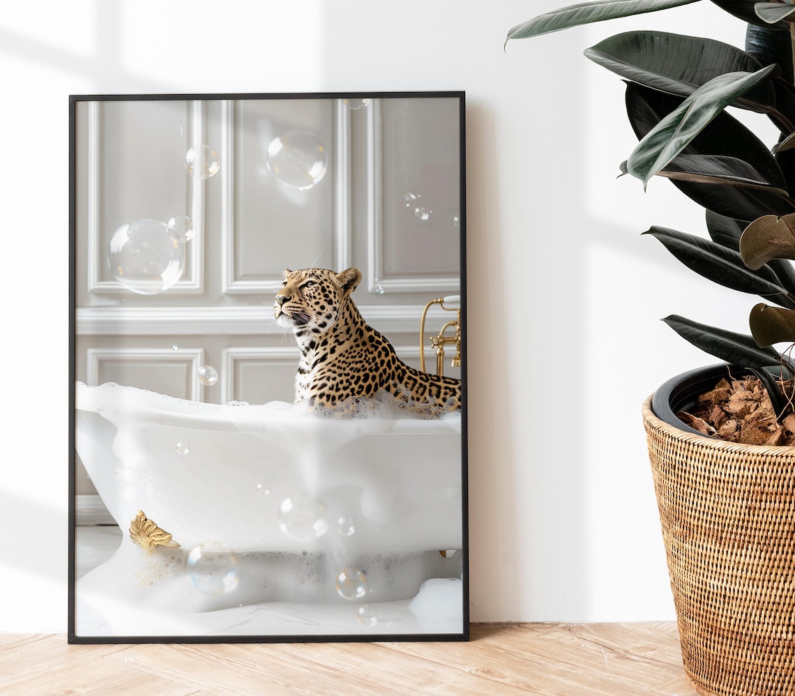 Leopard In Bathtub Art Print, Maximalist Decor