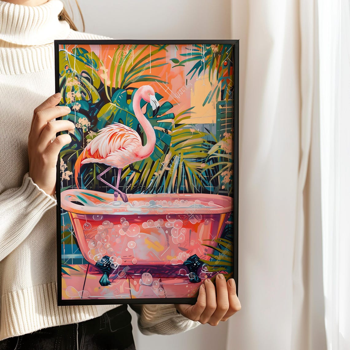 Pink Flamingo Standing In A Bubble Bath With Tropical Foliage Poster - Image 3